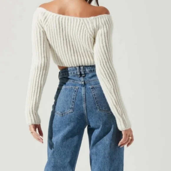 ASTR THE LABEL Mallory Off Shoulder Cream Ribbed Knit Sweater Crop Top  Small - Picture 3 of 11